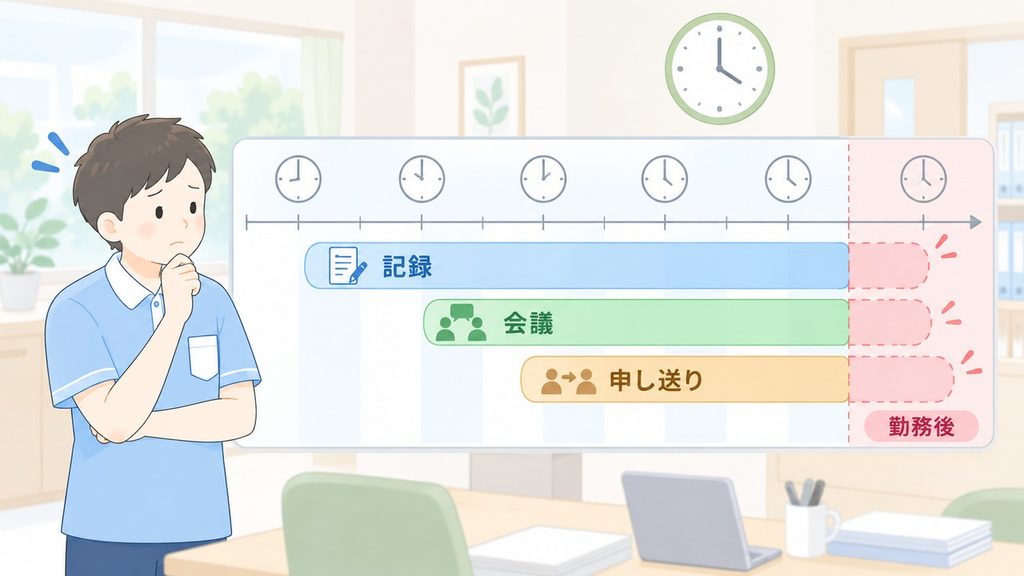記録・会議・申し送りが同じ時間帯に重なり、勤務後へ延びる状況を示した図解です。