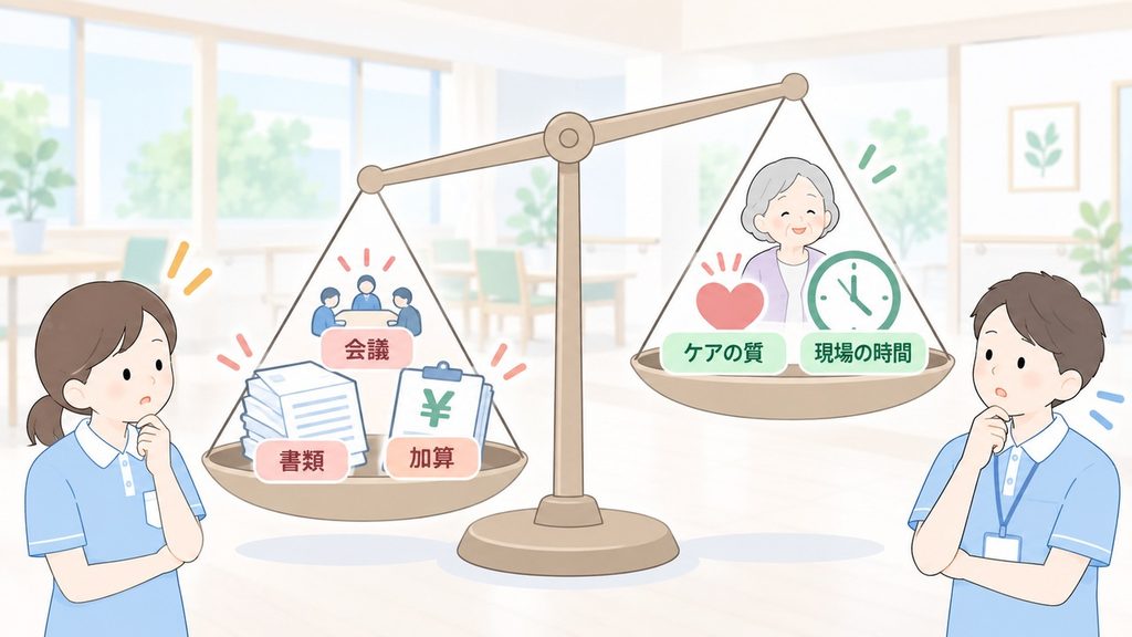 会議・書類・加算が先行し、ケアの質と現場の時間を圧迫する関係を天秤で示した図解です。