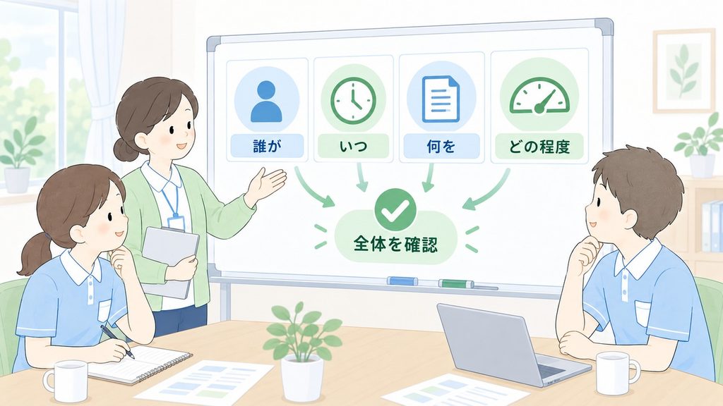 誰が・いつ・何を・どの程度行うかを整理し、業務全体を確認する方法を描いた図解です。