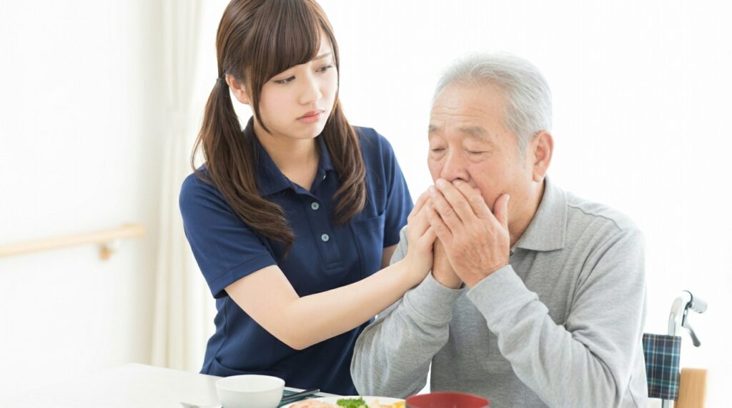 食事中にむせ込む高齢男性の背中に手を添えて様子を確認する女性介護職員。高齢者の誤嚥や咳込みに対応する介護場面