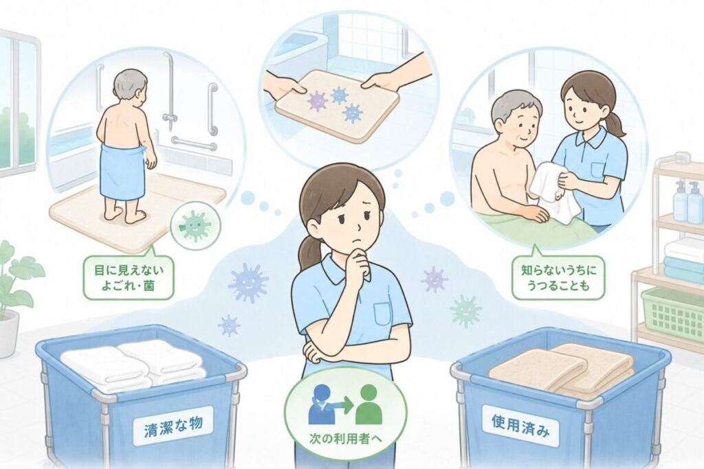 使用済みのバスマットやタオルを介して、目に見えない汚れや菌が次の利用者へ広がる可能性を示したイラスト