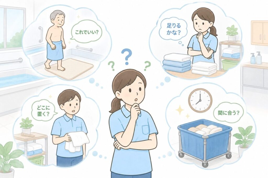 介護施設の入浴介助で、バスマットやタオルの使用判断、必要数、置き場所、回収時間に迷う介護士のイラスト