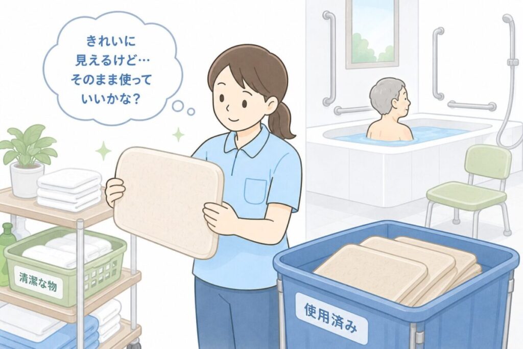 見た目がきれいな使用済みバスマットを、そのまま次の利用者に使うか迷う介護士のイラスト