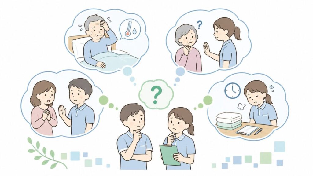 発熱や入浴拒否、家族希望、後工程の負担など、入浴順序で迷いやすい場面を整理した介護現場のイラスト