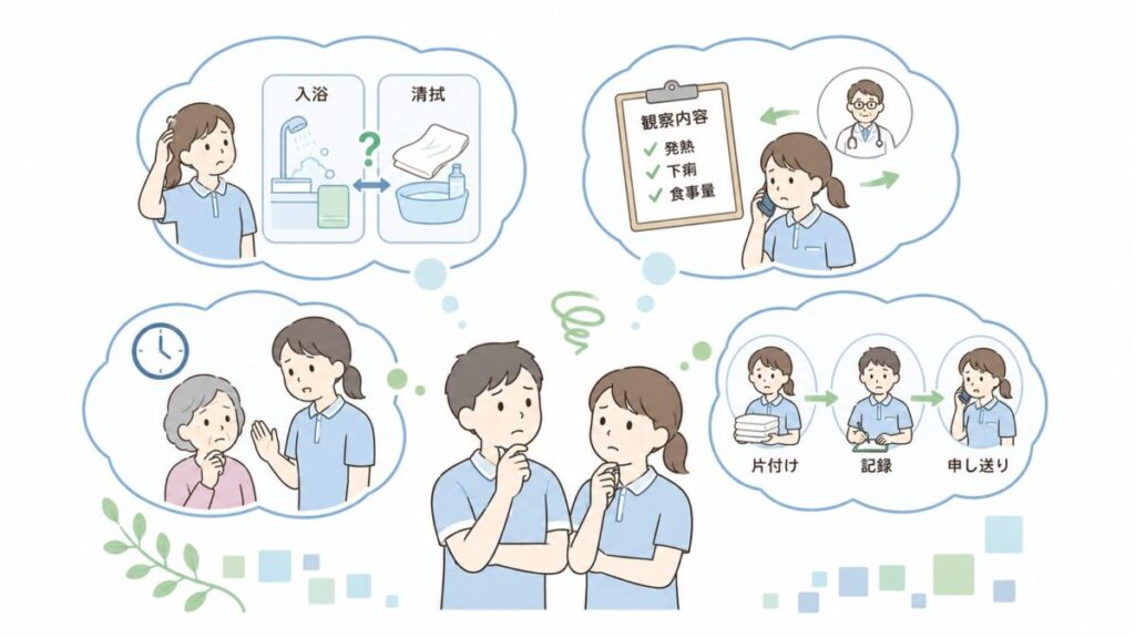 清拭と入浴の判断、症状の観察、入浴順序、後工程の調整が必要な理由を示す介護現場の図解