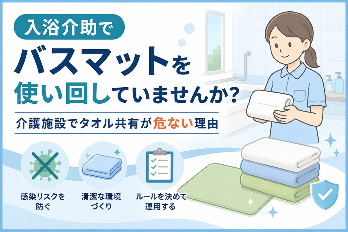入浴介助でのバスマットやタオルの使い回し防止を呼びかける介護施設向けイラスト
