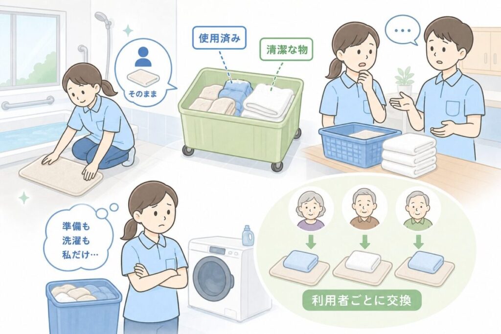 介護施設でバスマットやタオルの共有が続く事例と、準備や洗濯が一人の職員に偏る様子を示したイラスト