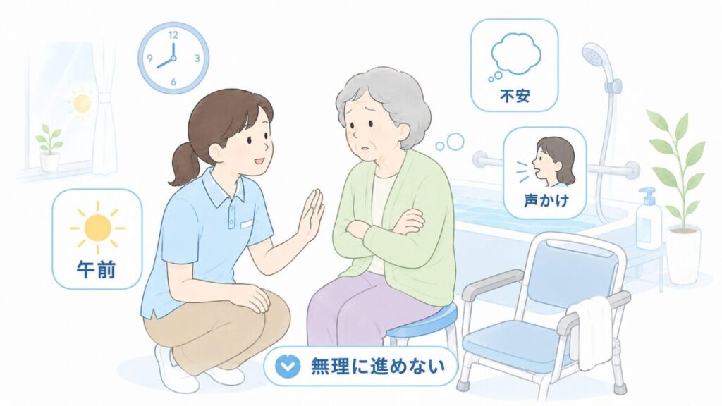 午前中の入浴を拒否する認知症の利用者に、介護士が無理に進めず、不安を受け止めながら声かけする様子
