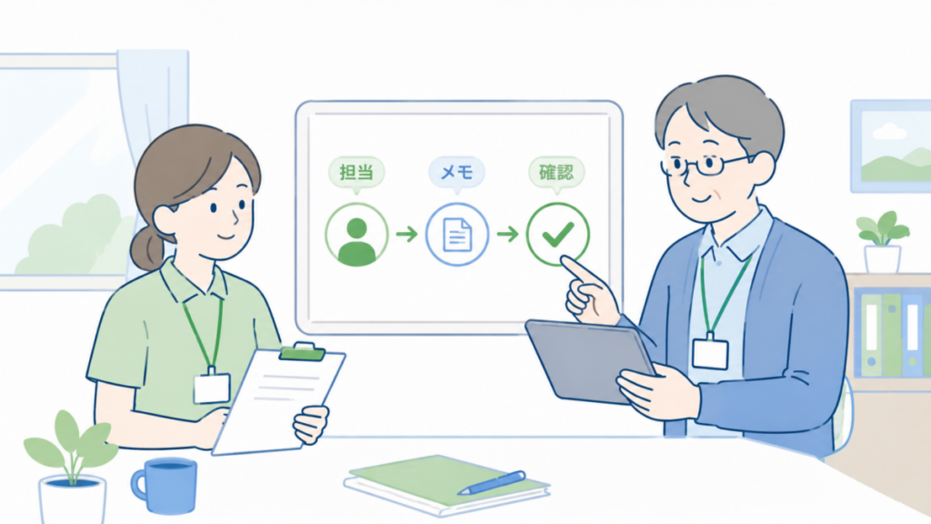 介護施設でブログ担当者と確認手順を整理し、メモから確認までの流れを共有している様子のイラスト