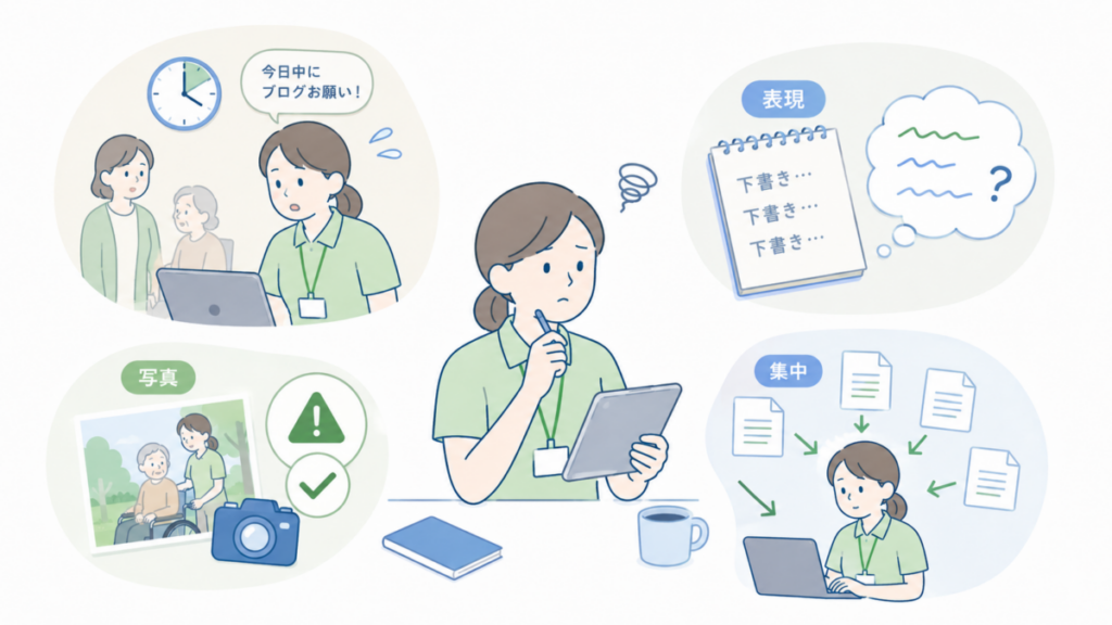 介護施設のブログやSNS担当者が、急な依頼、文章表現、写真確認、業務集中に悩む場面を表したイラスト
