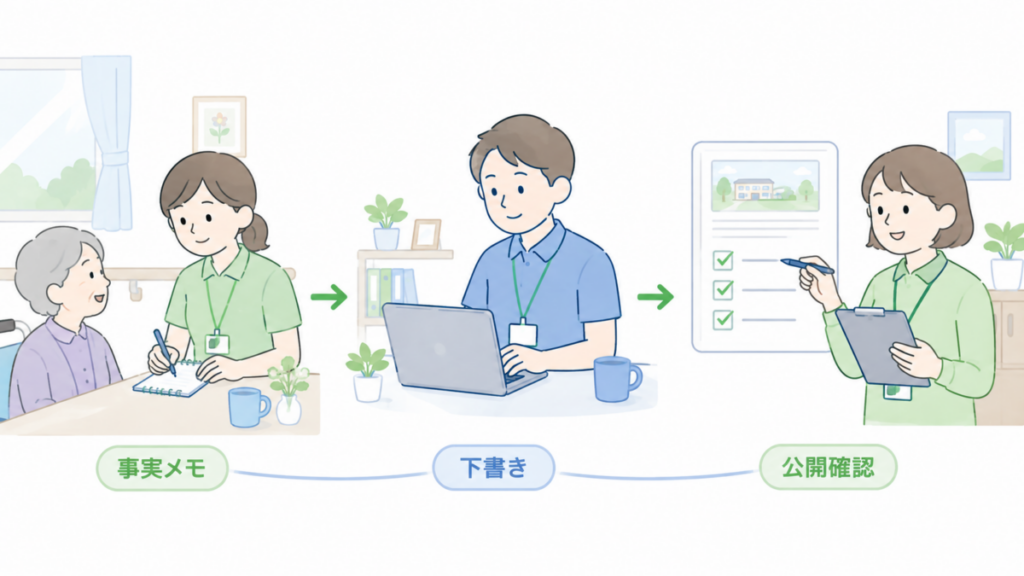 介護施設のブログ作成で、事実メモ、下書き、公開確認を別の工程に分けて進める様子のイラスト