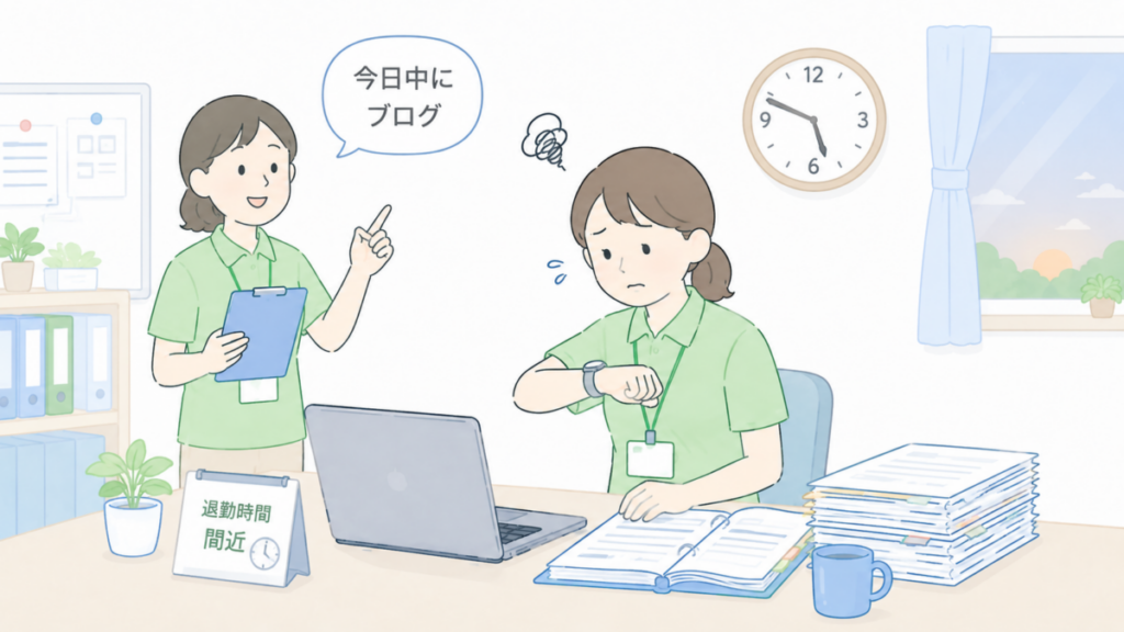 退勤前の介護士が、記録業務が残る中で『今日中にブログ』と依頼され、困って時間を気にしている様子のイラスト