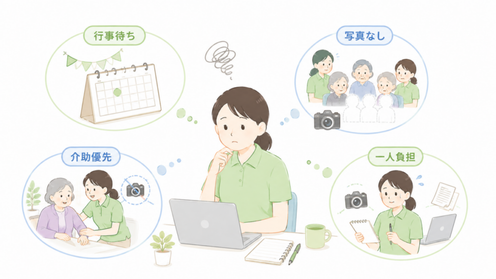 介護施設ブログでネタ切れにつながりやすい行事待ち、写真不足、介助優先、一人負担の4パターンを示したイラスト