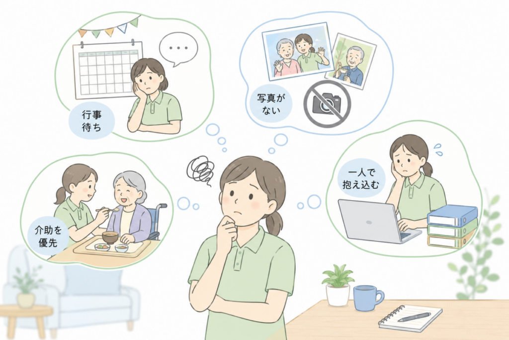 介護施設ブログでネタ切れにつながりやすい行事待ち、写真不足、介助優先、一人負担の4つの状況を示したイラスト