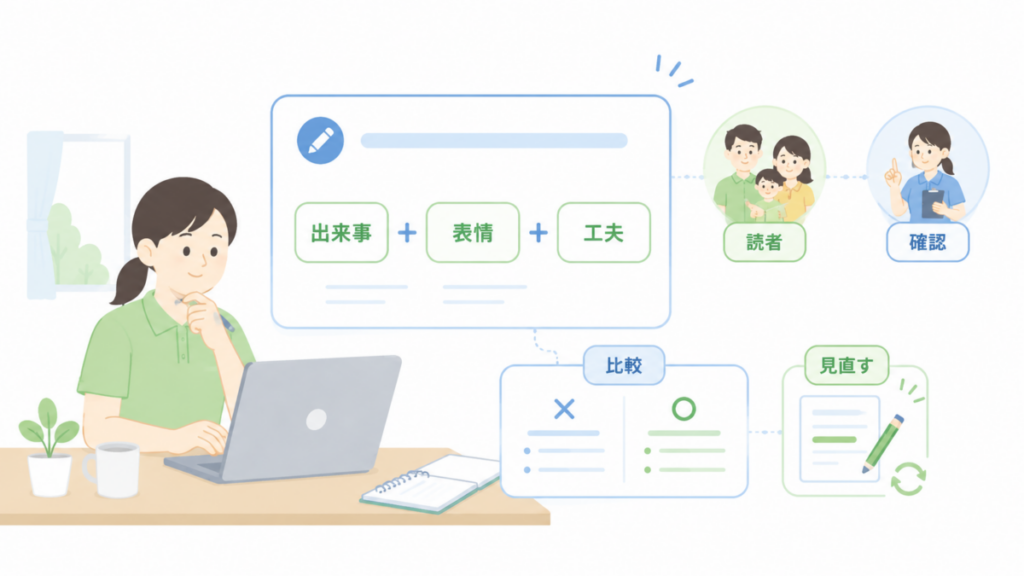 介護施設の職員が、ブログタイトル作成の型や読者確認、比較と見直しの流れを整理している図