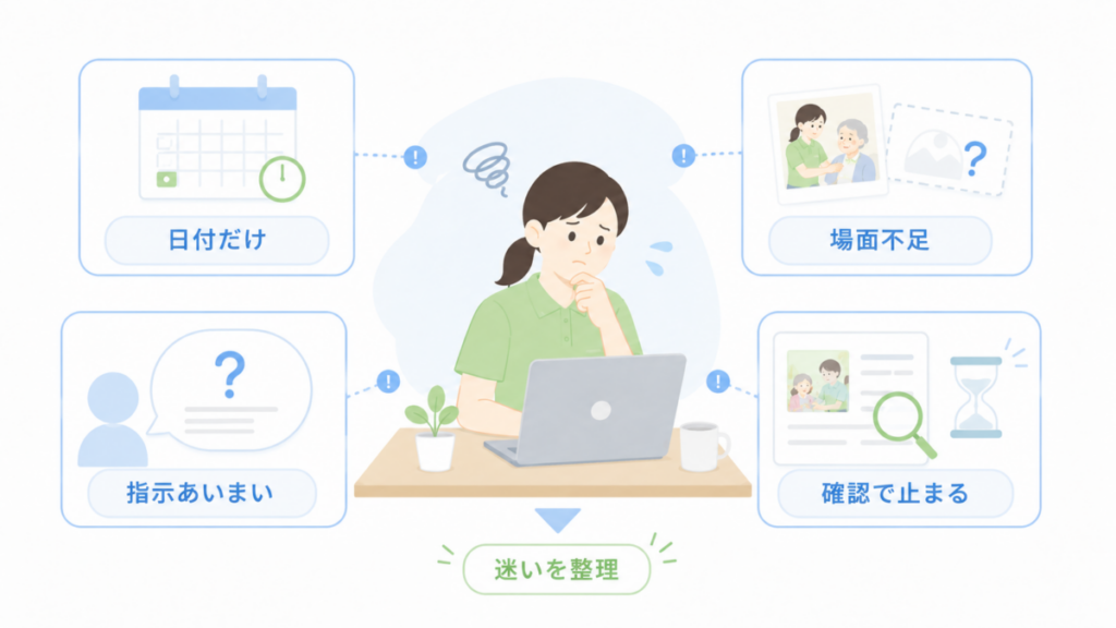 介護施設ブログのタイトル作成で起きやすい、日付だけ・場面不足・指示の曖昧さ・確認停滞を整理した図