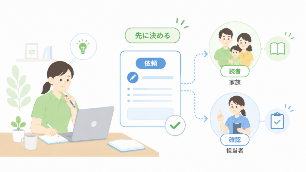 介護施設ブログの依頼時に、読者となる家族と確認担当者をあらかじめ決める流れを示した図