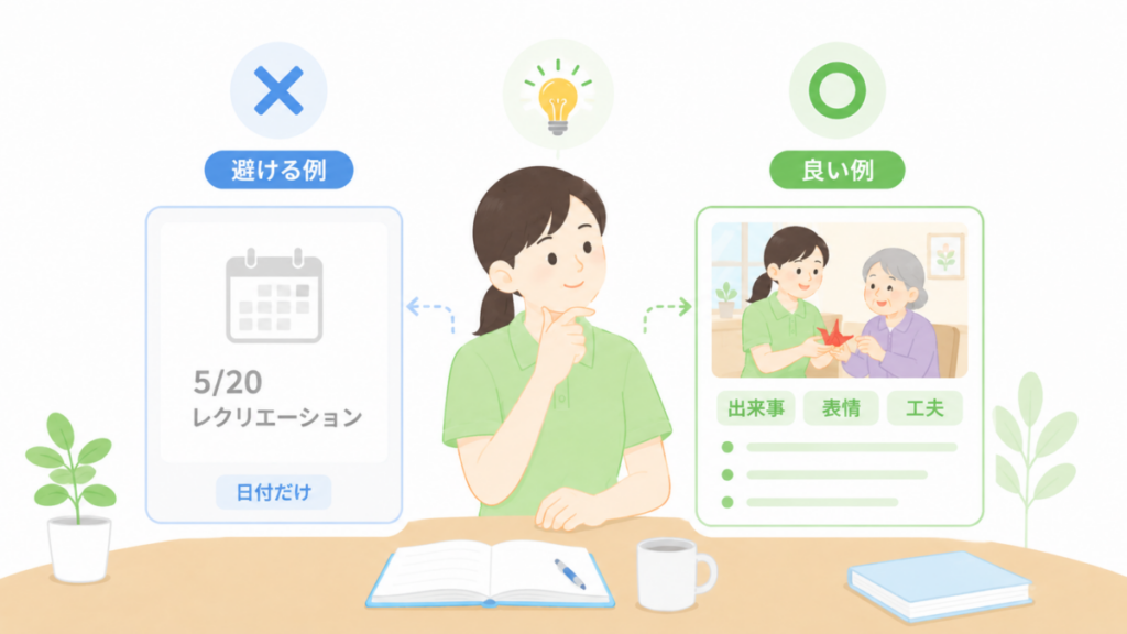 介護施設ブログのタイトル例を、日付だけの避ける例と出来事・表情・工夫を含む良い例で比較した図