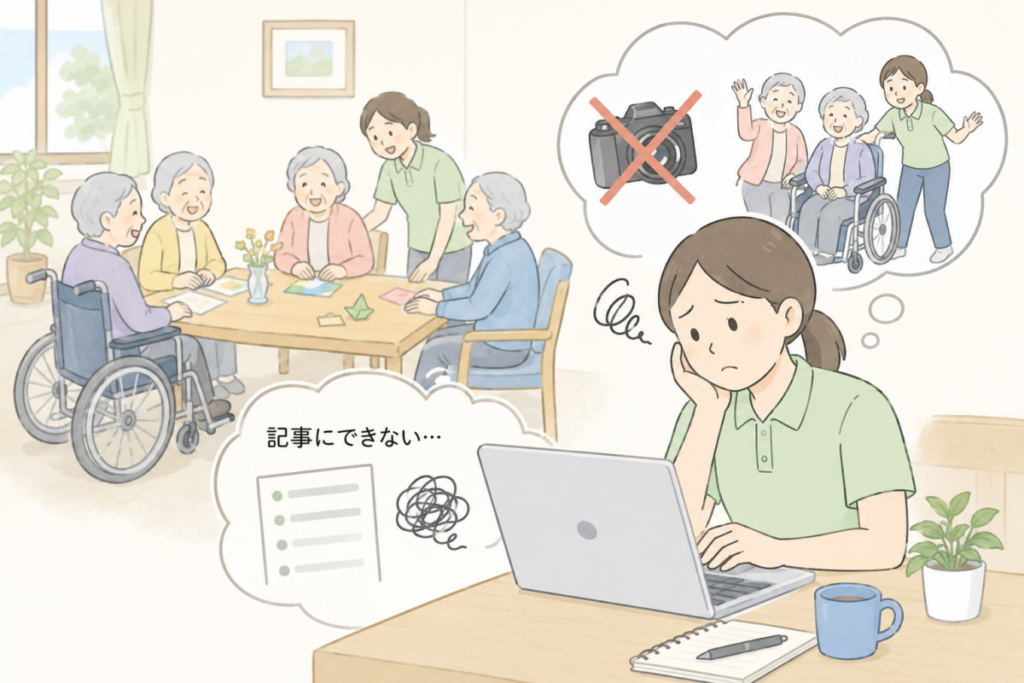 介護施設で集合写真が撮れず、写真がないとブログ記事にできないと悩む職員の様子を表したイラスト