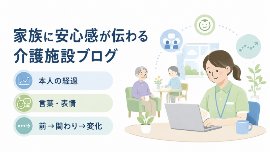 介護施設ブログで本人の経過や言葉・表情、関わりによる変化を家族へ伝えるイメージ図
