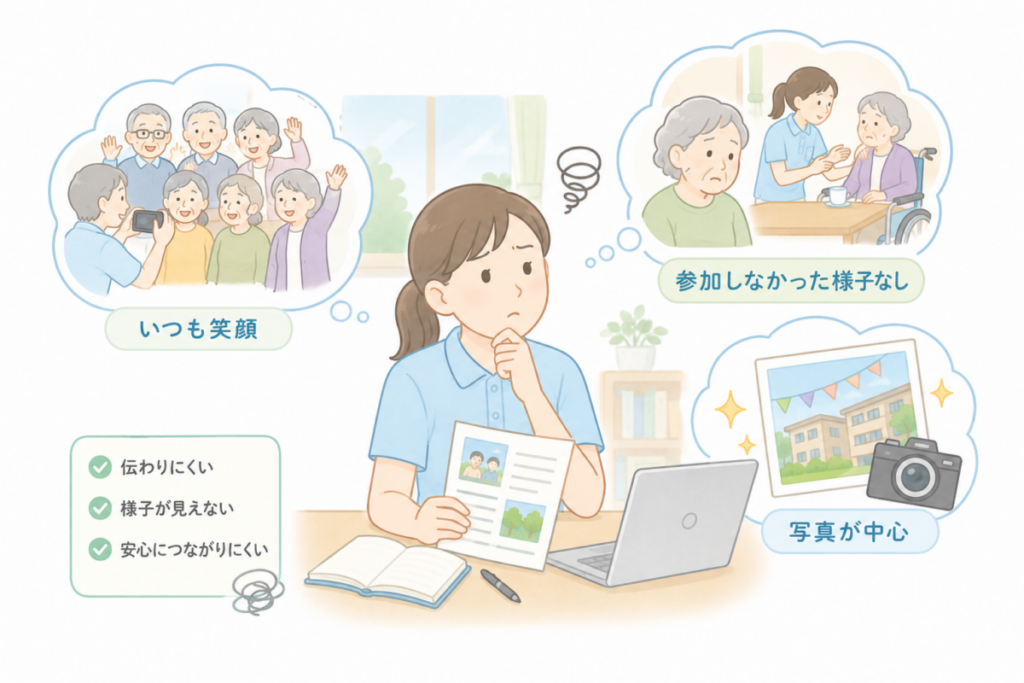 介護施設ブログで本人の様子が伝わりにくくなる書き方の例を整理したイメージ図