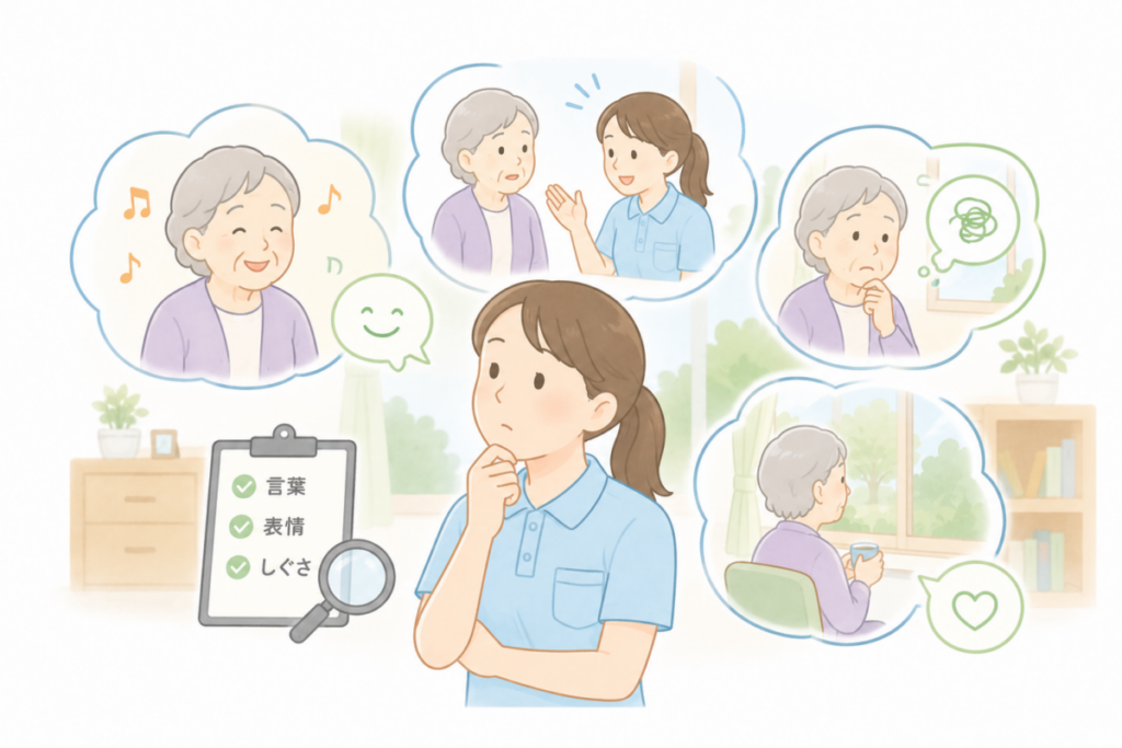 介護職員が高齢者の笑顔だけでなく言葉や表情、しぐさ、静かな様子まで観察するイメージ図