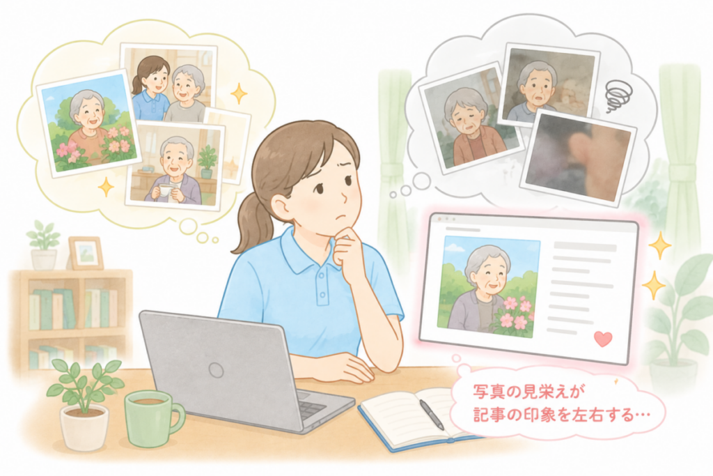 介護職員が写真の見栄えを優先しすぎて、利用者本人の様子や日常が伝わりにくくなる場面のイメージ図