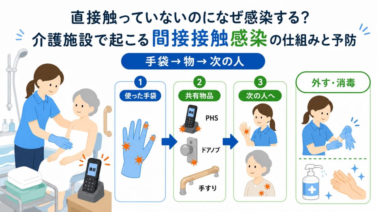 入浴介助中に使用した手袋から、PHSやドアノブ、手すりを介して別の職員や利用者へ汚染が広がる流れと、手袋を外して手指消毒する予防方法を示した図。