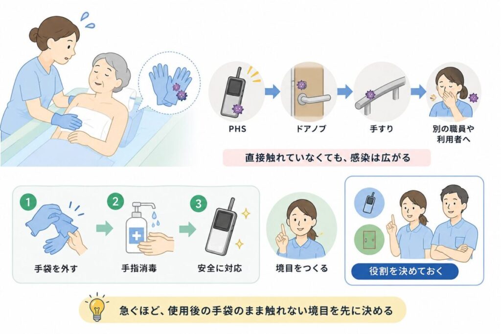 入浴介助中に使用した手袋から、PHSやドアノブ、手すりを介して別の職員や利用者へ汚染が広がる流れと、手袋を外して手指消毒する予防方法を示した図。