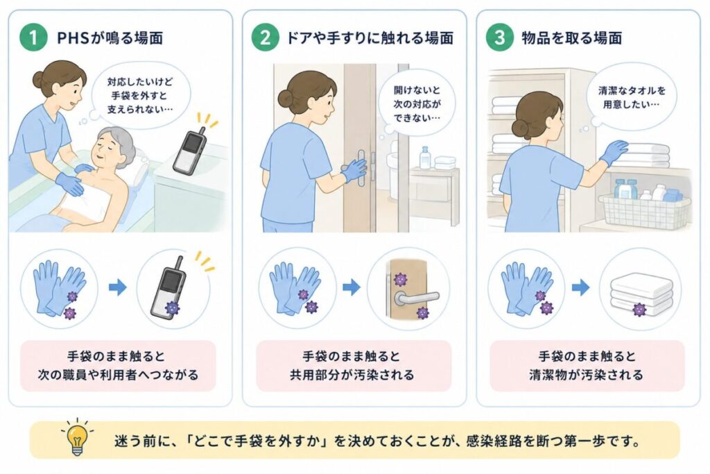 入浴介助で間接接触が起きやすい3つの場面として、PHS対応、ドアや手すりへの接触、清潔物の補充時に、使用後の手袋から汚染が広がる流れを示した図。