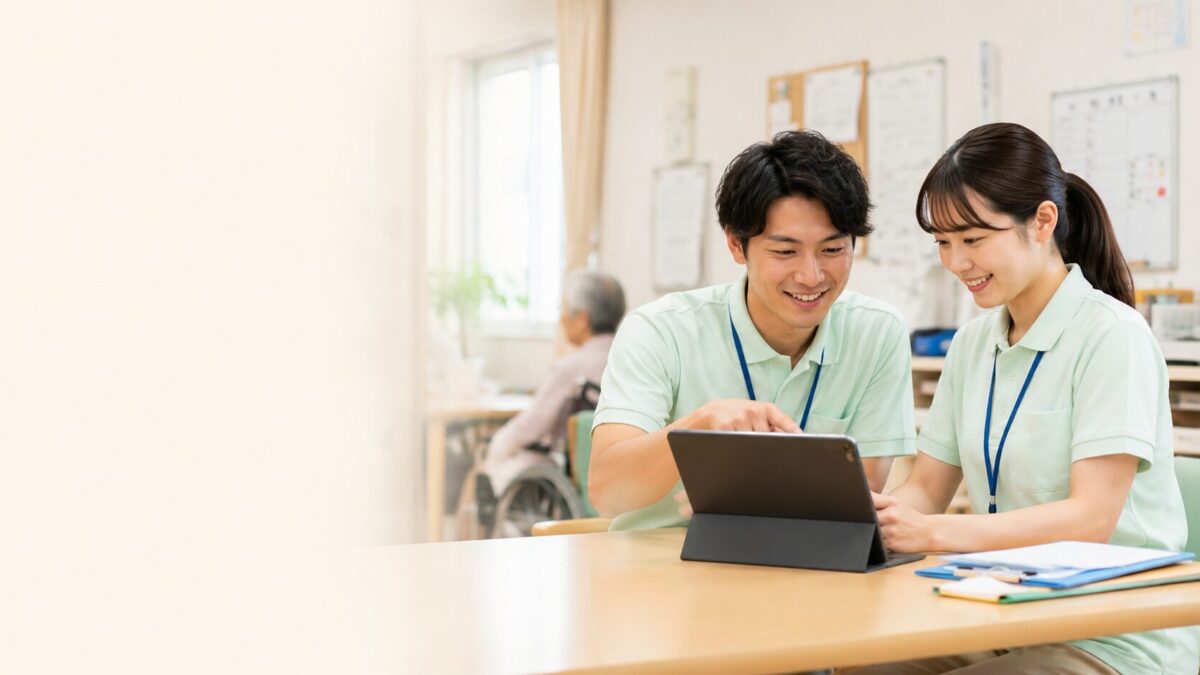 タブレットを見ながら介護現場の課題を相談する介護職員