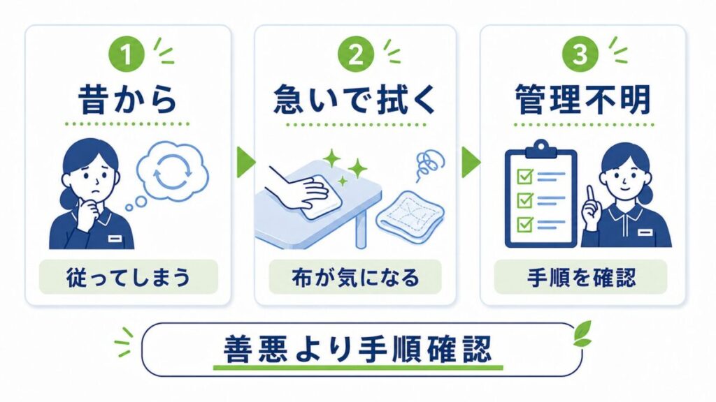 介護施設のテーブル清掃でよくある事例を、3つの場面で示した図。昔からの方法に従ってしまうこと、急いで拭いて布の状態が気になること、布の管理や手順が分からないことを整理し、善悪で判断せず手順確認が大切だと伝えている。