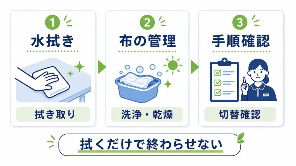 介護施設のテーブル清掃で、水拭き、布の洗浄・乾燥、施設手順の確認までを3段階で示した図。