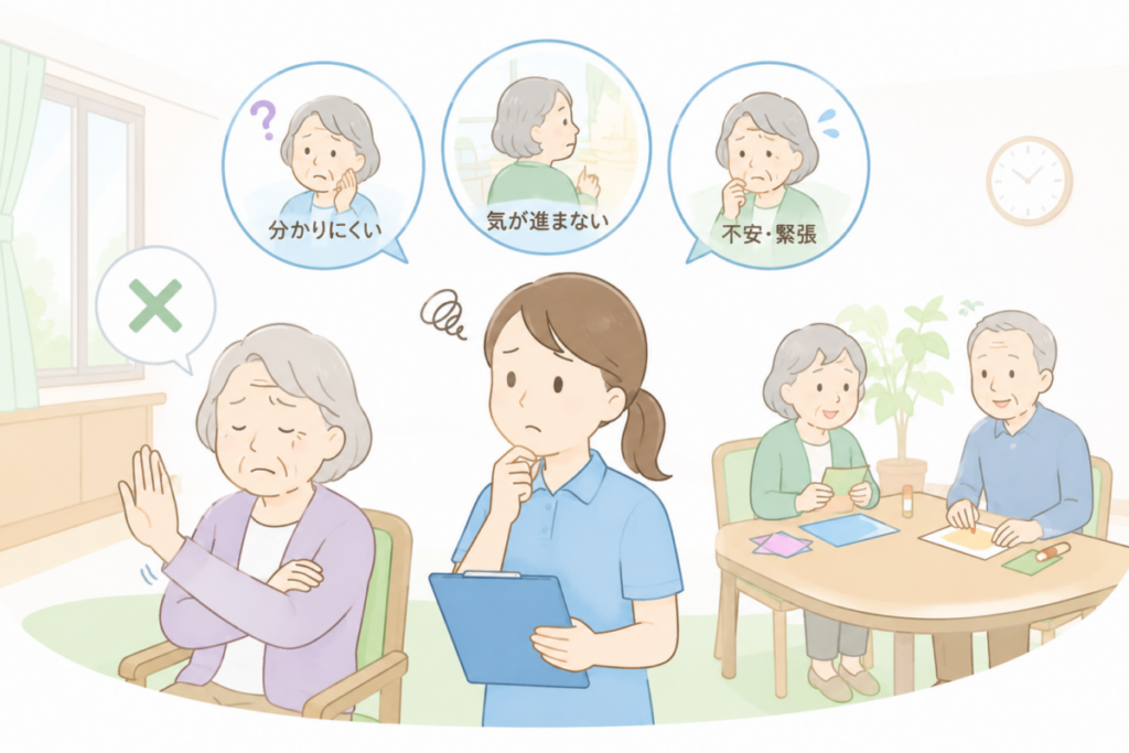 レクを拒否する高齢者を前に、介護職が理解のしにくさや不安など複数の理由を考えている様子