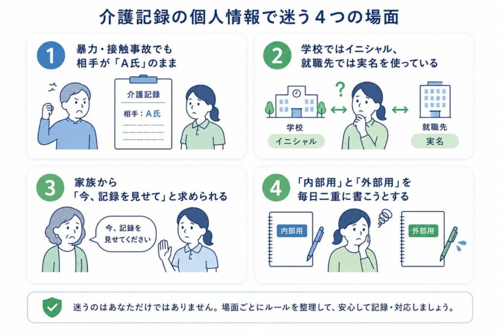 介護記録の個人情報で迷いやすい、相手の表記、実名とイニシャルの使い分け、家族からの閲覧依頼、内部用と外部用の二重記録の4場面を示した図。