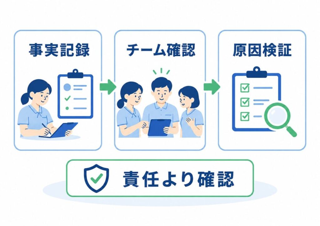 皮下出血の対応で、発見者を責めずに、事実記録→チーム確認→原因検証の流れで組織的に確認することを示した図。
