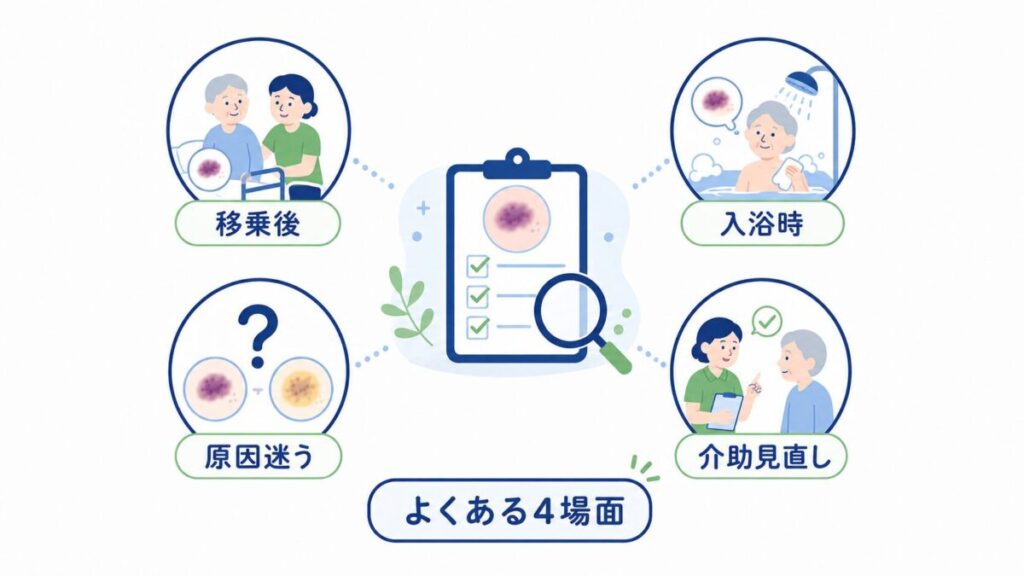 高齢者の皮下出血でよくある4つの場面として、移乗後、入浴時、原因に迷う場面、介助の見直しをイラストで整理した図。