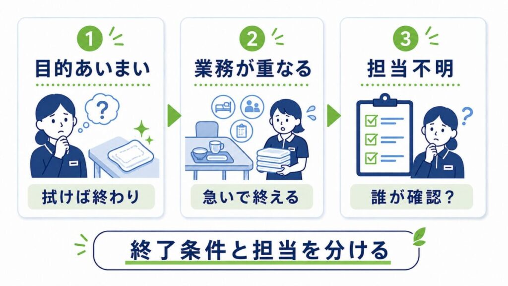 介護施設のテーブル清掃で「雑巾で拭けば終わり」の習慣が残る理由を、目的のあいまいさ、業務の重なり、担当不明の3点で整理し、終了条件と確認担当を分ける大切さを示した図。