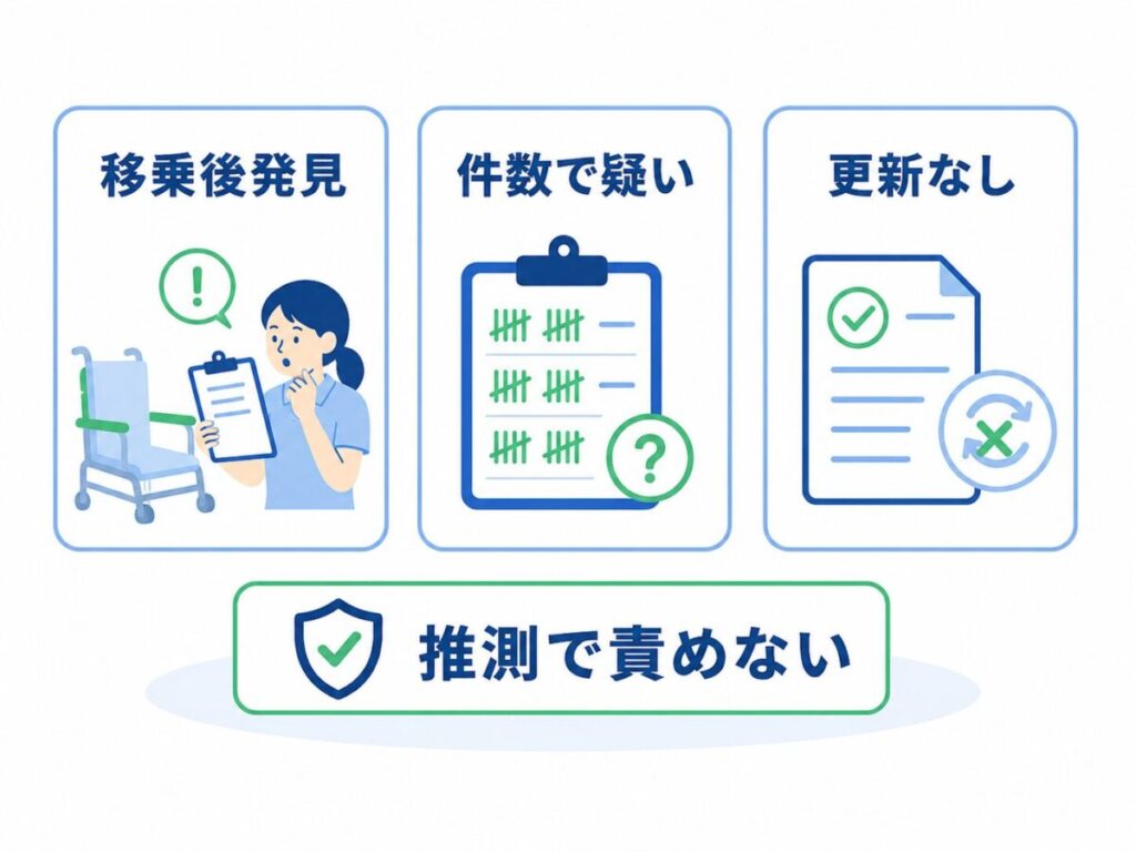 皮下出血の報告が、移乗後の発見、報告件数による疑い、記録の未更新によって個人責任に変わる場面と、推測で責めない考え方を示した図。