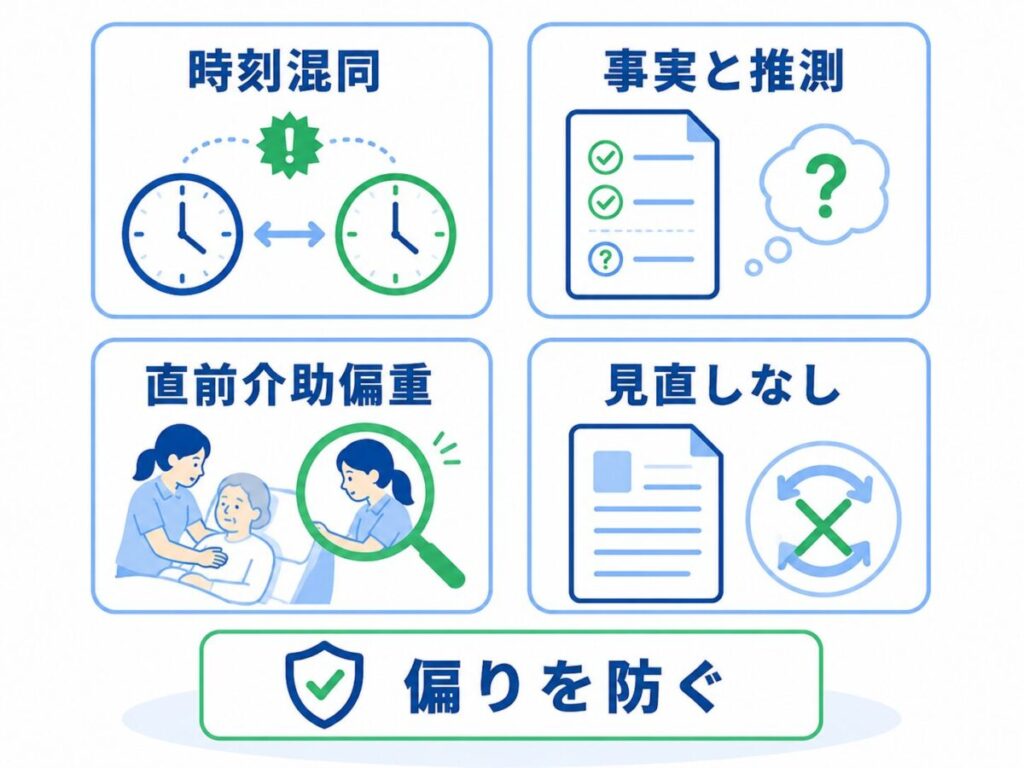 皮下出血の原因確認が、発見時刻と発生時刻の混同、事実と推測の混在、直前介助への偏り、報告後の見直し不足によって個人責任へ偏る流れを示した図。