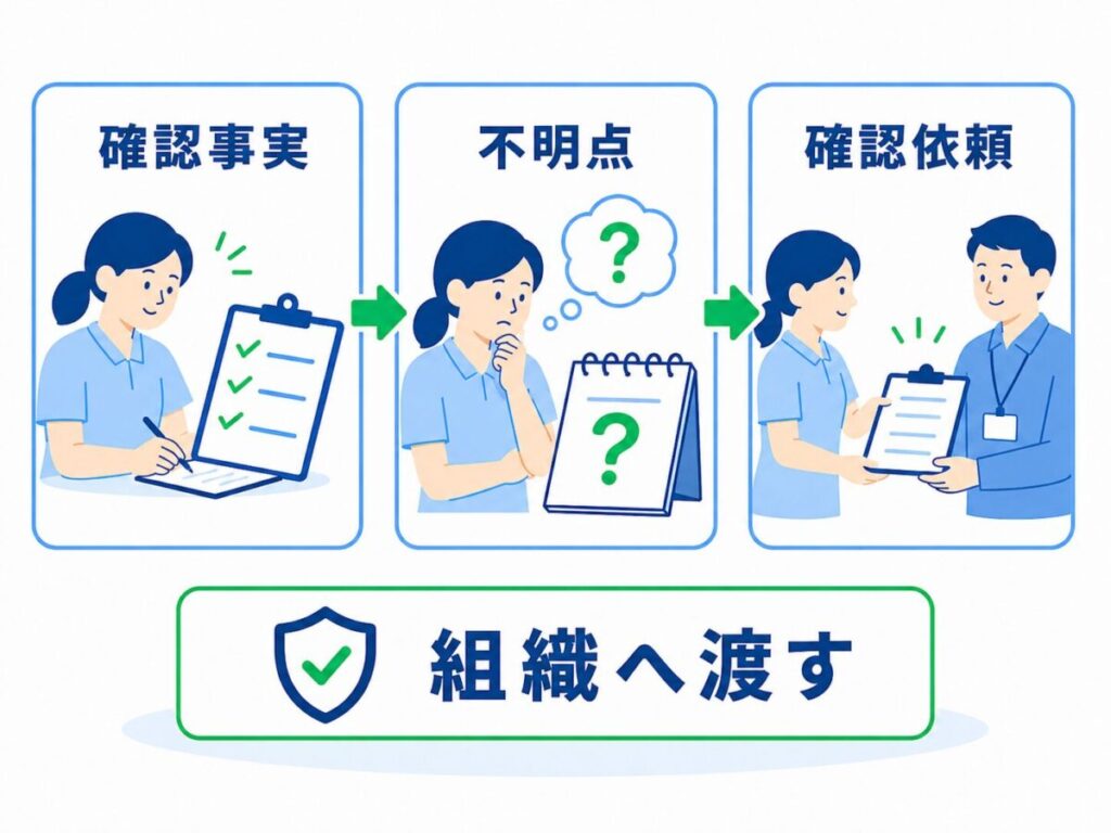 皮下出血を報告する際に、確認できた事実、不明点、確認依頼を整理し、個人で抱えず組織へ引き継ぐ流れを示した図。