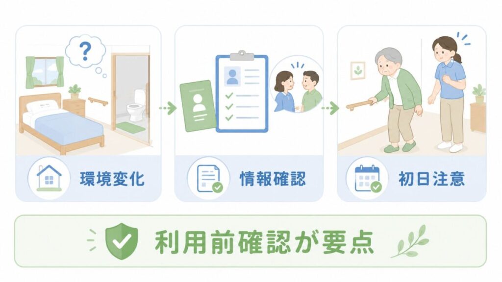 短期利用時の転倒予防には、環境の変化への配慮、事前情報の確認、初日の見守りが重要であることを示した図。