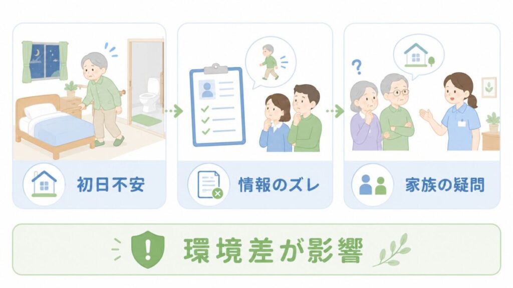 ショートステイでの転倒事例として、初日の不安、事前情報とのズレ、家族の疑問が事故につながりやすいことを示した図。