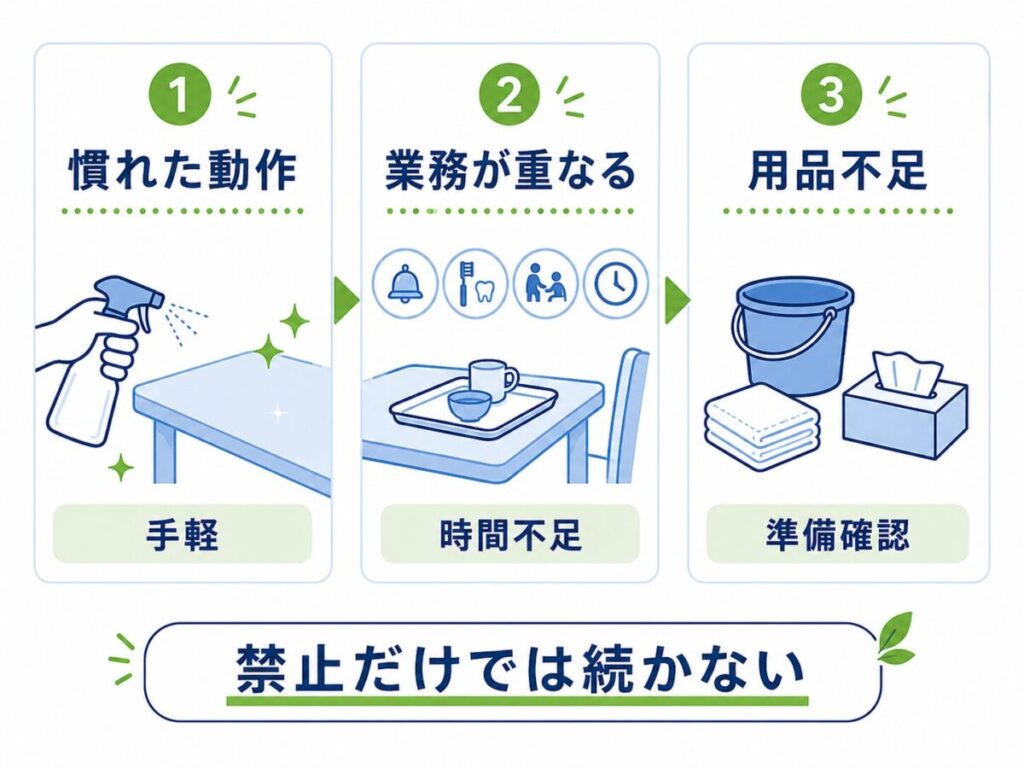 介護施設で消毒液の直接スプレーが残る理由を、慣れた動作、業務の重なり、用品不足の3点で示し、「禁止だけでは続かない」と伝える図。