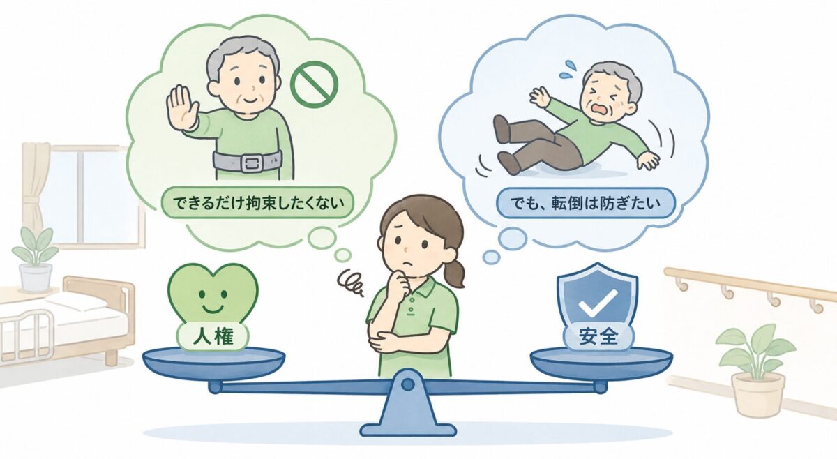 身体拘束を避けたい思いと転倒を防ぎたい安全面の間で悩む介護職の葛藤