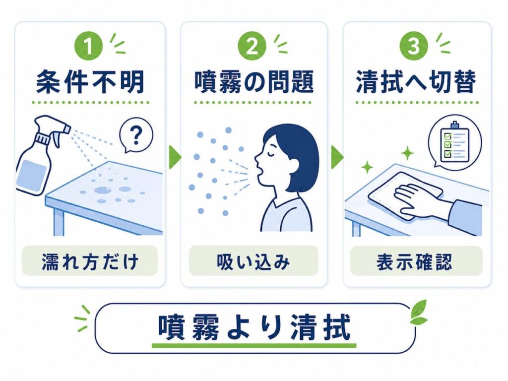 介護施設のテーブルへ消毒液を直接スプレーしてはいけない理由を、使用条件の不明確さ、噴霧の吸い込み、表示確認後の清拭への切替で示した図。