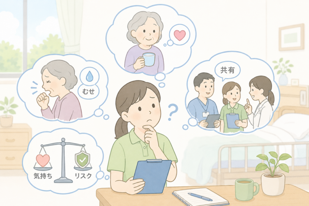 看取り期の水分補給について、本人の気持ち、むせのリスク、チームでの共有を踏まえて判断に迷う介護士のイラスト」