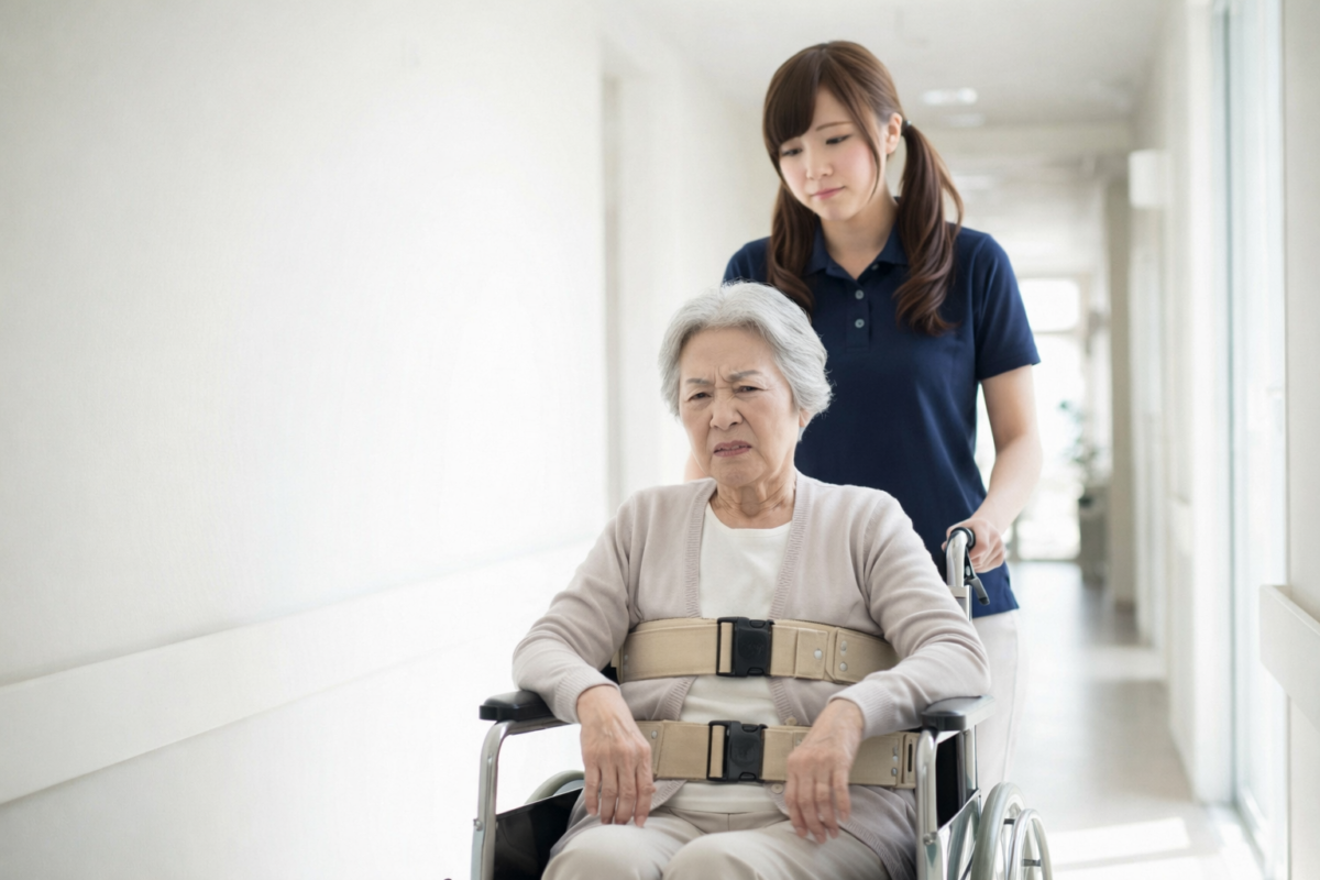 車いすに座る高齢女性が安全ベルトで身体拘束され、不穏な表情を見せている様子を後ろで見守る女性介護職員。介護施設の廊下で身体拘束の問題と高齢者ケアの課題を示す場面。