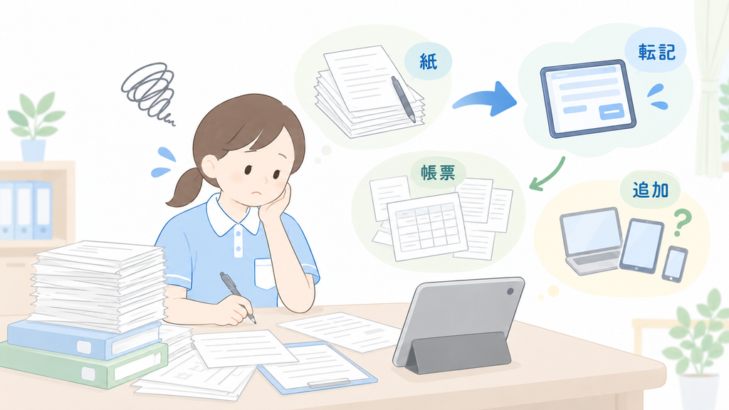 紙から電子へ転記しても業務が減らず、追加作業に悩む介護職員のイラスト