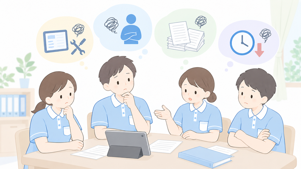 介護DXへの不安や負担感について、職員同士で課題を整理している場面のイラスト